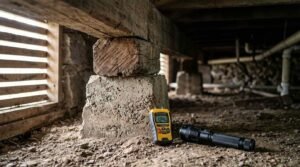 Digital pin-type wood moisture meter reading 12.4% and an LED flashlight resting on earthen ground beside a concrete pier supporting heavy rough-hewn timber subfloor joists and bearers in a crawl space