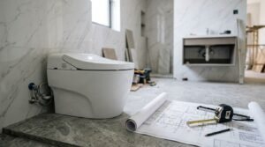 Floor-mounted white smart bidet toilet unit sitting on grey marble floor tile beside rough-in plumbing, exposed water valves, and electrical architectural blueprints with a tape measure