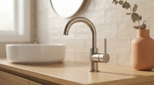 Brushed nickel gooseneck basin mixer tap mounted on a natural light oak timber vanity benchtop beside a white ceramic vessel sink and terracotta vase