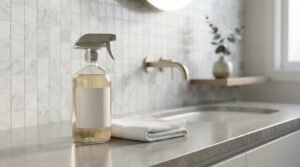 Clear glass spray bottle with a blank label and folded white cleaning cloth on a polished stone countertop in front of marble mosaic backsplash tiles