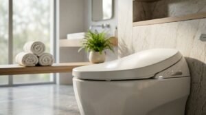 Close-up of a modern smart bidet toilet seat with LED indicator controls and contoured lid, set against warm travertine stone wall tiles and a sunlit spa bathroom