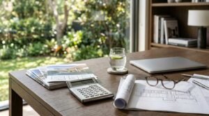 Minimalist home office desk setup with architectural elevation blueprints, desktop calculator, closed silver laptop, glasses, and a glass of lime water overlooking a sunlit garden