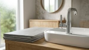 Polished chrome gooseneck basin mixer tap mounted on a white ceramic semi-inset basin with stacked grey stone tiles on an oak timber vanity