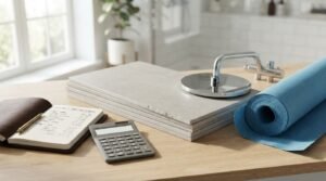 Bathroom renovation estimating workspace with a budget breakdown notepad, pocket calculator, stack of grey porcelain tiles, chrome tapware, and a roll of blue waterproofing membrane on a light oak table