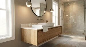 Wall-hung light oak timber vanity with white quartz countertop and vessel sink, illuminated by brushed metal pendant lights beneath a round black mirror in a modern bathroom