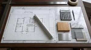 Overhead view of an architectural drafting board inset with Carrara marble, displaying grid floor plans, triangular scale ruler, financial calculator, and material sample swatches