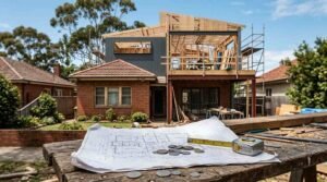 Architectural floor plan blueprint weighted down with metal washers and an extended yellow tape measure on a weathered timber workbench overlooking an active two-story rear house extension with exposed structural steel and timber framing in a suburban backyard