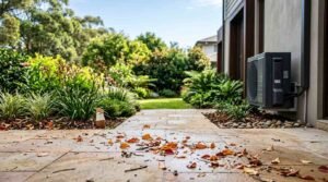 Fallen orange autumn leaves scattered across a natural sandstone tile patio walkway beside lush garden landscaping and a wall-mounted dark grey HVAC outdoor unit