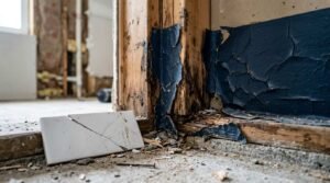 Cracked and flaking black waterproofing membrane peeling away from rotted wood framing and a broken subway tile on a bathroom concrete floor during demolition