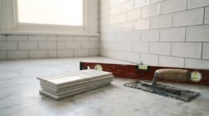 Stack of white ceramic subway tiles, notched adhesive trowel, and red spirit level resting on a marble countertop in front of freshly installed subway wall tiling
