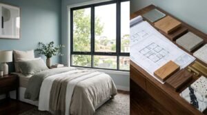 Split view of a serene duck-egg blue bedroom beside an architectural flat lay featuring floor plans, timber blocks, terrazzo, and marble samples on a walnut desk