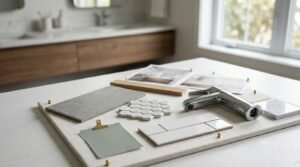 Tactile bathroom mood board pinned with brass studs displaying a chrome basin mixer tap, white subway and hexagon mosaic tiles, grey stone slab, timber batten, sage green paint chip, and marble sample against a blurred double-sink vanity background