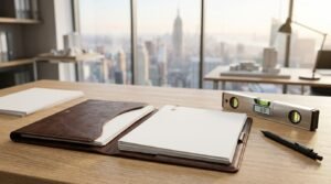 Open brown leather portfolio folder with blank report documents, drafting pen, and digital torpedo spirit level reading 0.0 degrees on an oak executive desk overlooking a city skyline through floor-to-ceiling windows