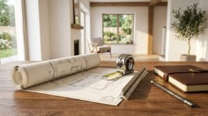 Unrolled architectural blueprint with a metal tape measure, triangular scale ruler, graphite pencil, and leather notebook on a wooden table overlooking a bright living room