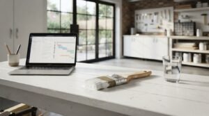 Flat paintbrush coated with fresh white paint, open laptop showing a construction project Gantt chart schedule, and a glass of water on a rustic painted workbench in an organized contractor workshop