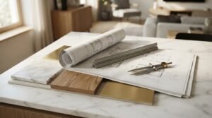 Rolled architectural house plans held open by a triangular scale ruler and brass drafting compass beside white marble, oak, and brass finish swatches on a kitchen island