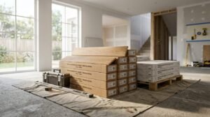 Boxes of European natural engineered oak flooring and palletized porcelain tiles stacked on a concrete subfloor with a metal toolbox and spirit level inside a home under renovation