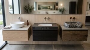 Showroom display comparing three floating bathroom vanities featuring a round white ceramic vessel sink, a black quartz undermount basin, and a chiseled natural stone vessel sink