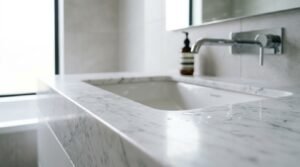 Close-up of a rectangular undermount ceramic sink set beneath a polished white Carrara marble countertop with a wall-mounted chrome faucet in a modern bathroom