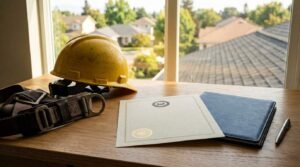 Yellow construction hard hat and fall-arrest safety harness beside a gold-sealed roofing certification document, leather binder, and pen on an oak sill overlooking suburban rooftops