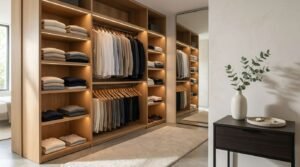 Custom built-in light oak walk-in closet with integrated LED strip lighting, open shelving, dual hanging rails, and a full-height mirror beside a black dressing console