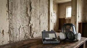 Full-face respirator mask with particulate filters and an open hazardous material testing kit staged on a weathered timber workbench against a peeling, fibrous horsehair plaster wall in a dilapidated room