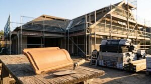 Terracotta curved roof ridge capping tile and bricklayer’s pointing trowel resting on a weathered timber workbench in front of a house under construction surrounded by steel scaffolding
