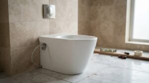 Back-to-wall white ceramic toilet pan during installation on white marble floor tiles against a beige travertine tiled concealed cistern wall