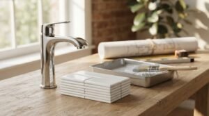 Polished chrome basin mixer tap beside a stack of white ceramic subway tiles, paint tray with brush, and rolled floor plans on a rustic wood workbench