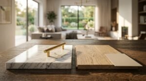 Polished white Carrara marble slab with a cylindrical brushed brass cabinet pull resting beside engineered oak flooring planks and a warm neutral paint swatch on a rustic timber tabletop overlooking an open-plan living room