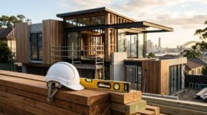 White safety hard hat and yellow spirit level resting on stacked structural timber beams at an active residential construction site overlooking the Sydney skyline and Harbour Bridge