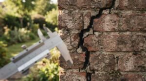 Vernier caliper measuring a severe, wide structural crack traversing through clay bricks and deteriorating lime mortar on an exterior masonry wall beside a lush garden