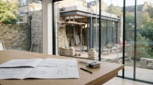 Open architectural floor plan blueprints with a silver tape measure and drafting pen on a light oak table, overlooking an active brick home extension site through floor-to-ceiling black-framed glass doors