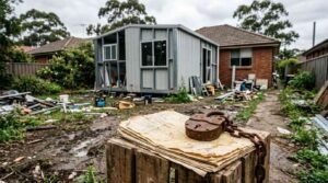 Heavily rusted antique padlock and iron chain securing a stack of weathered paper documents on a timber crate in the foreground of an unfinished steel-frame granny flat kit home and mud-strewn backyard construction site