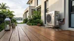 Oiled hardwood timber deck leading toward a modern waterfront home with a wall-mounted HVAC heat pump condenser unit set over smooth river pebble drainage