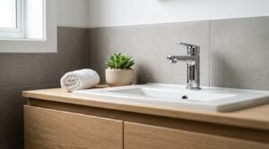 Polished chrome single-lever mixer tap mounted on a semi-inset white ceramic basin set into a light oak timber vanity beside a potted succulent and rolled towel