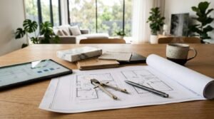 Unrolled architectural house blueprints with drafting compass and pen beside a digital tablet displaying spreadsheets, marble block, timber sample, and steaming coffee on an oak table
