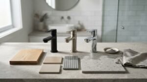 Flat-spout bathroom mixer taps in matte black, brushed nickel, and chrome finishes arranged with timber, tile, and terrazzo material samples on a grey stone benchtop