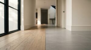 Low-angle close-up of a zero-clearance, flush floor transition between natural engineered oak floorboards and large-format grey porcelain tiles with a slim metal expansion strip in a modern accessible residential hallway