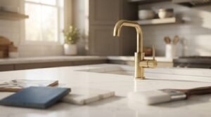 Brushed brass gooseneck mixer tap mounted beside an undermount sink on a white marble-veined quartz kitchen island with paint brush, tile, and color swatch samples