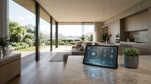 Digital smart home automation tablet interface propped up on a marble kitchen island beside a potted succulent in a luxury open-plan living space with floor-to-ceiling glass doors opening to a garden patio