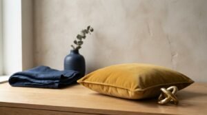 Mustard yellow velvet throw pillow, brass infinity knot object, folded indigo linen throw, and navy ceramic vase demonstrating the 60-30-10 interior color rule on an oak ledge