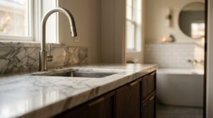 Brushed nickel gooseneck pull-down kitchen mixer tap and undermount stainless steel sink installed on a white Carrara marble benchtop with dark oak cabinetry overlooking an ensuite bathroom