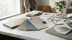 Interior designer workspace with paint color swatches, light oak flooring sample, fabric fan deck, and tortoiseshell glasses on a white marble table