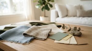Interior design color scheme mood board featuring linen fabric swatches, paint color chips, a smooth river stone, and eucalyptus sprig on an oak coffee table