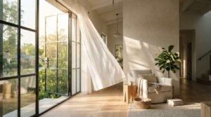 Airy, sunlit living room with sheer white curtains billowing in the breeze beside open black steel-framed French doors, an upholstered reading armchair, and wide-plank oak flooring