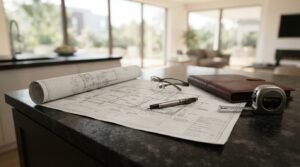 Rolled residential floor plan blueprints staged with clear safety glasses, luxury fountain pen, brown leather portfolio, and a Stanley FatMax tape measure on a polished black granite kitchen island overlooking a sunlit living space