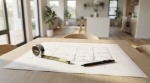 Residential floor plan blueprint with an extended tape measure and mechanical drafting pencil on an oak dining table overlooking a sunlit open-plan kitchen and living room