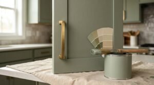 Freshly painted sage green shaker cabinet door fitted with a brushed brass bar pull handle beside a paint can, wet sash brush, and color swatch cards on a drop cloth