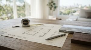 Bathroom renovation floor plan blueprint with an extended tape measure, stainless steel pen, grey marble tile, and timber sample on a wooden table